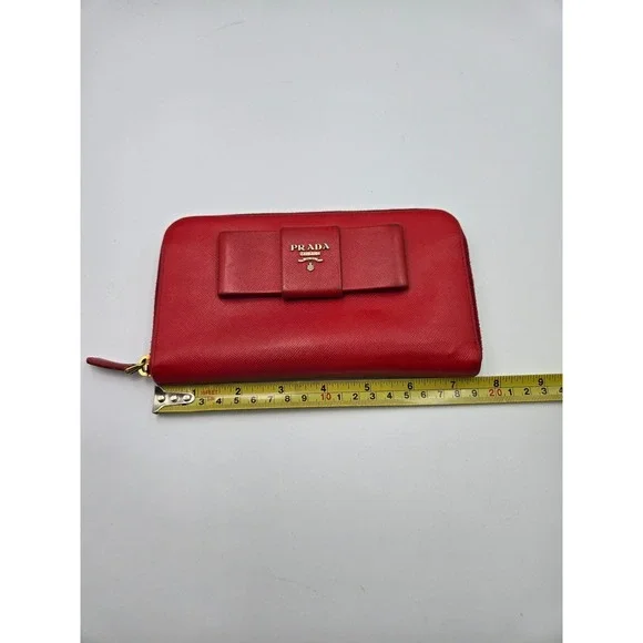 Prada Red Saffiano Leather Bow Continental‎ Zip Around Wallet Authentic - Picture 11 of 13